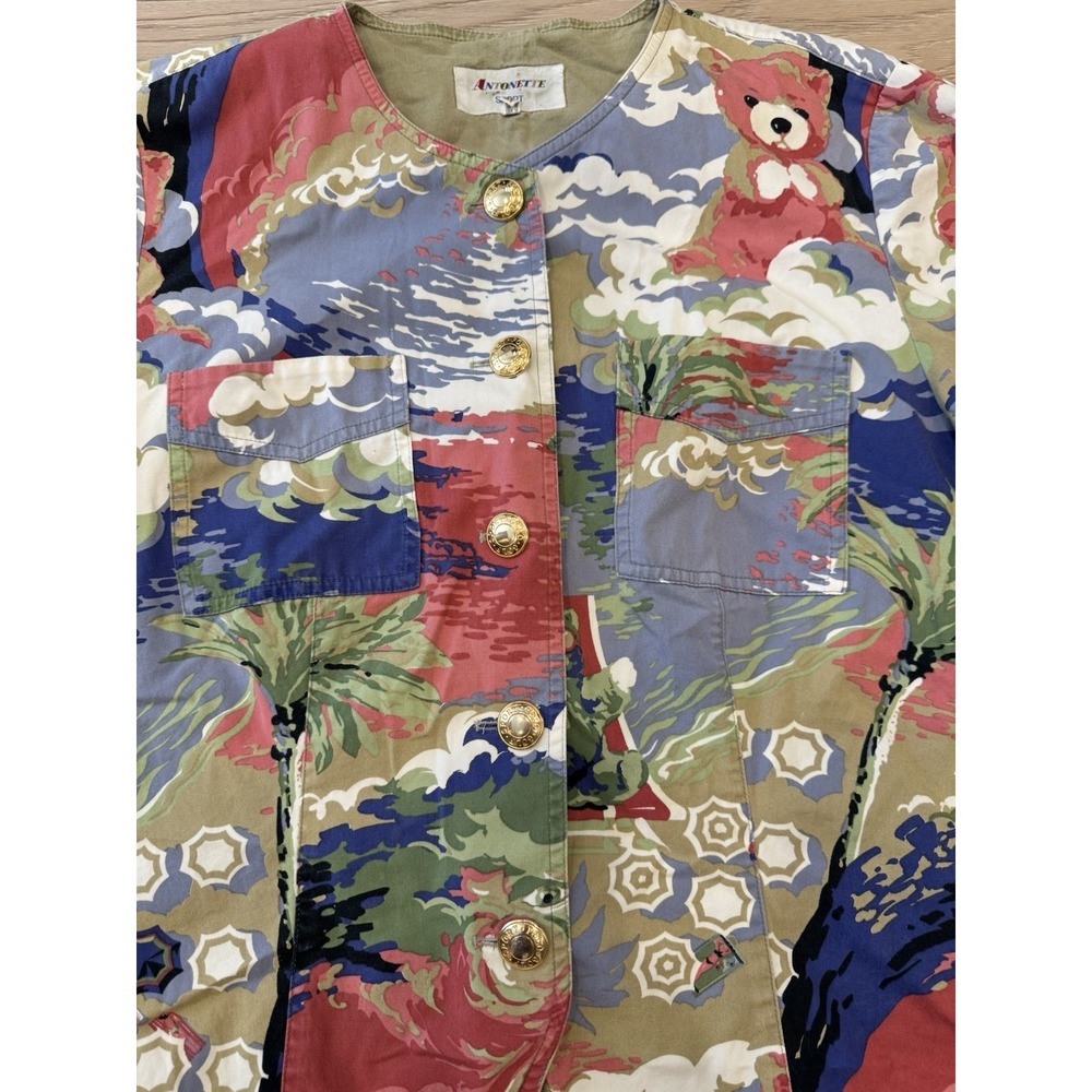 Antonette Sport Vintage Teddy Bear Beach Novelty Print Button Up Shirt Womens 14 - Picture 3 of 15
